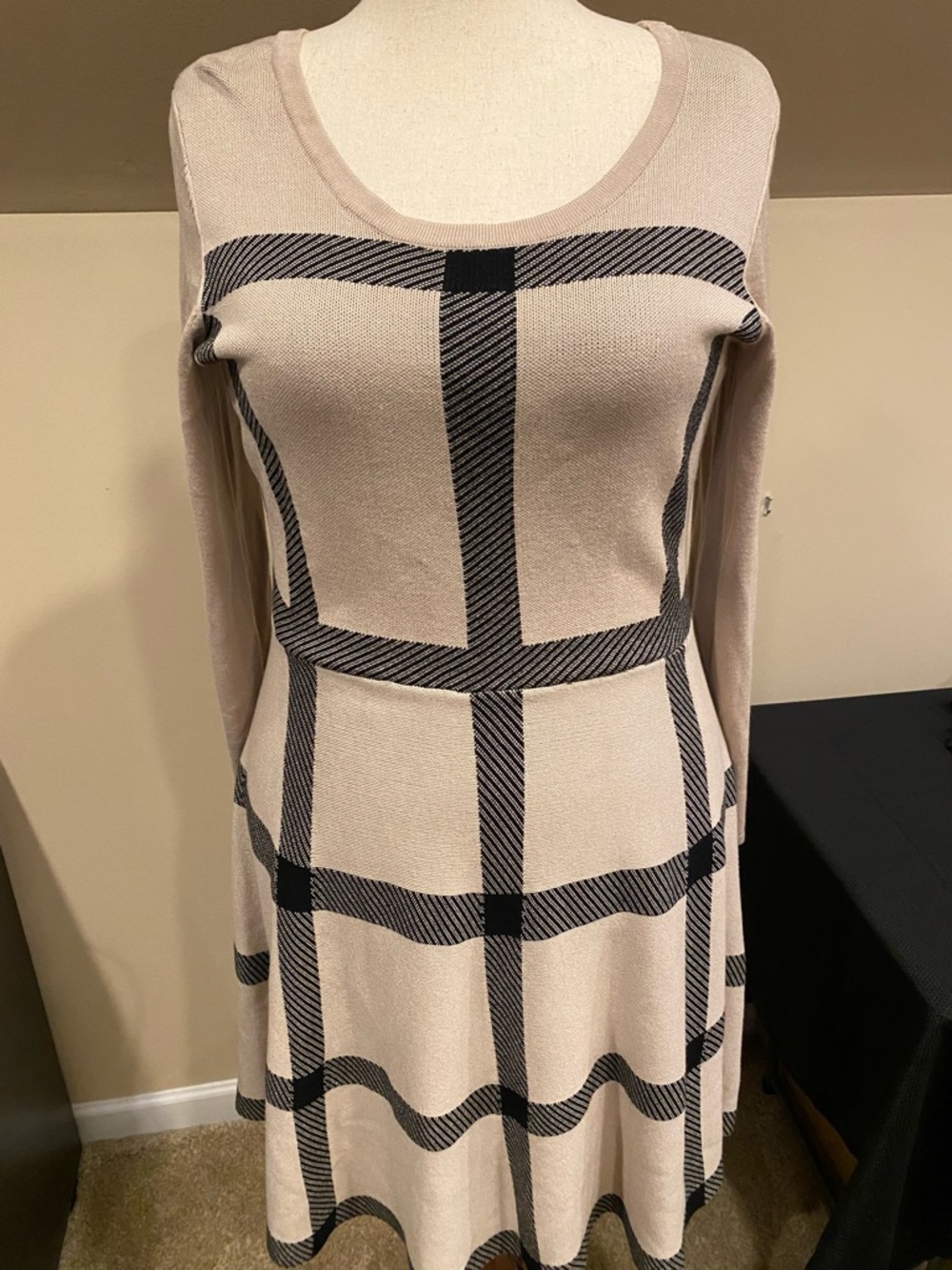 Beige Plaid Long Sleeve Fit-and-Flare Dress